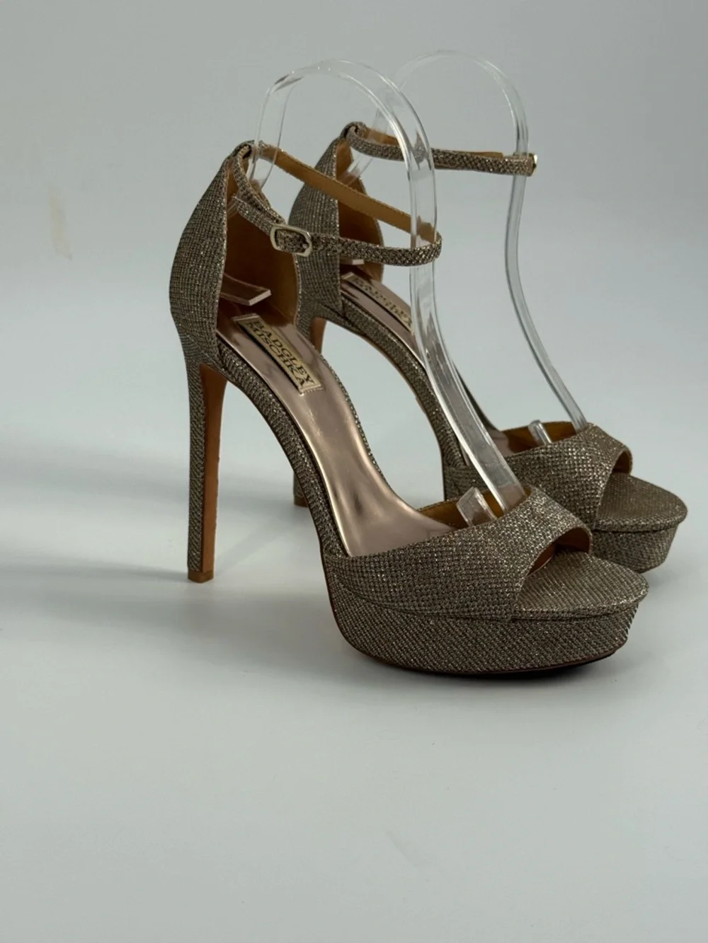 Badgley Mischka Gold Glitter Platform Stiletto Heels Ankle Strap Evening SZ 9